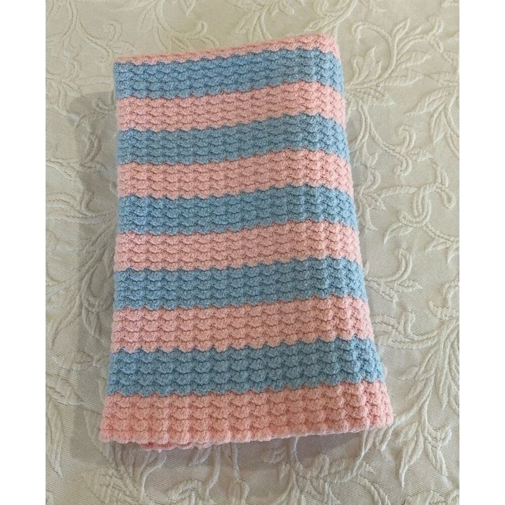 Vintage Handmade Crochet Baby‎ Afghan Pink Blue Stripes Shower Gift Christening